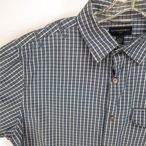 Banana Republic Short Sleeve Button-Up Shirts Men's Large 16 Lot of 2 Check Blue - Picture 10 of 15